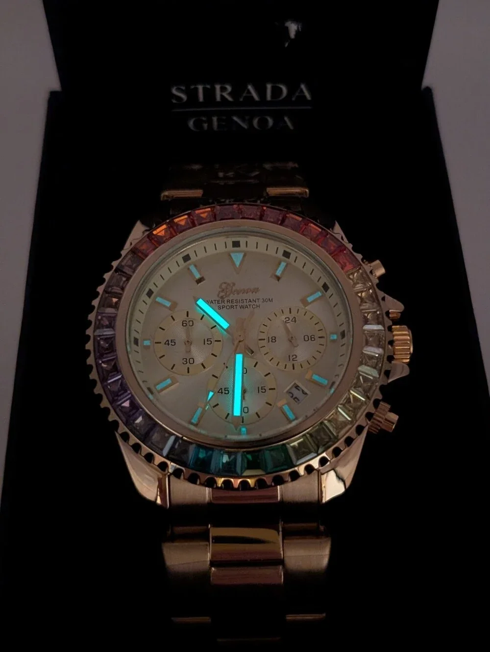 Genoa Gold Men's Stainless Steel Sports Watch with Rainbow Crystal Bezel